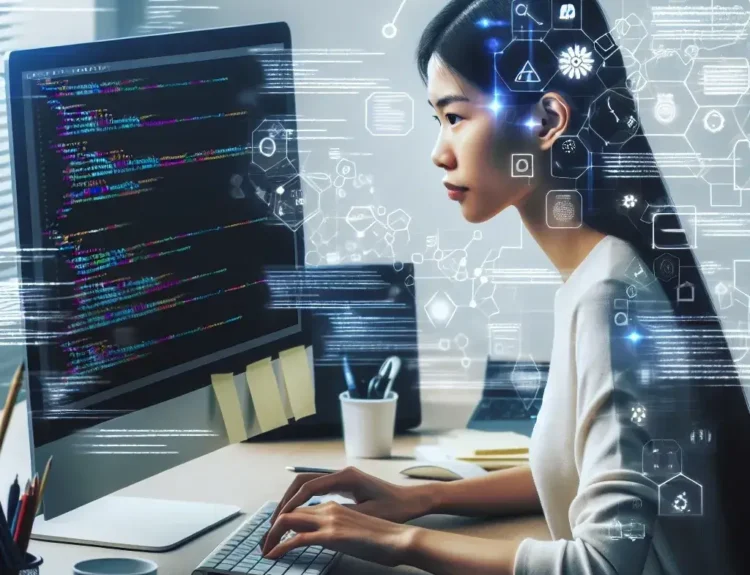 "Young software engineer working on a laptop in a modern office, showcasing key skills and insights for aspiring developers in the tech industry."