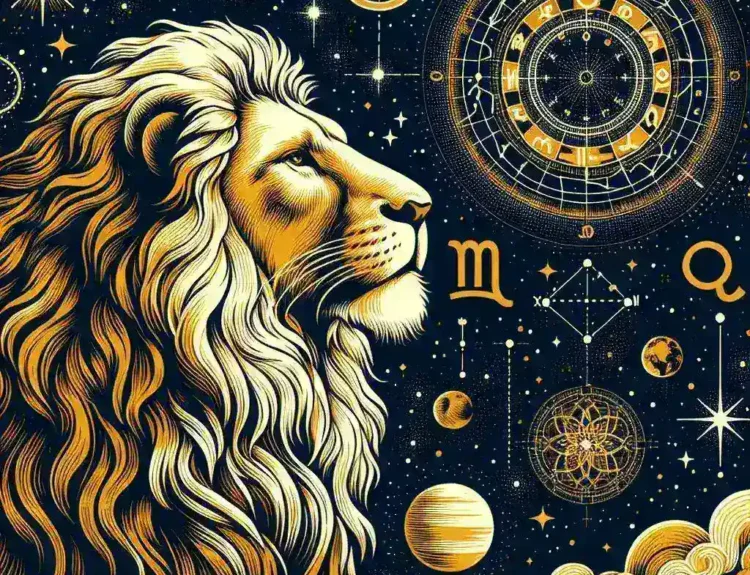 "Astrological chart and zodiac symbols with a focus on Leo, symbolizing tomorrow's horoscope insights and celestial predictions for Leo individuals."