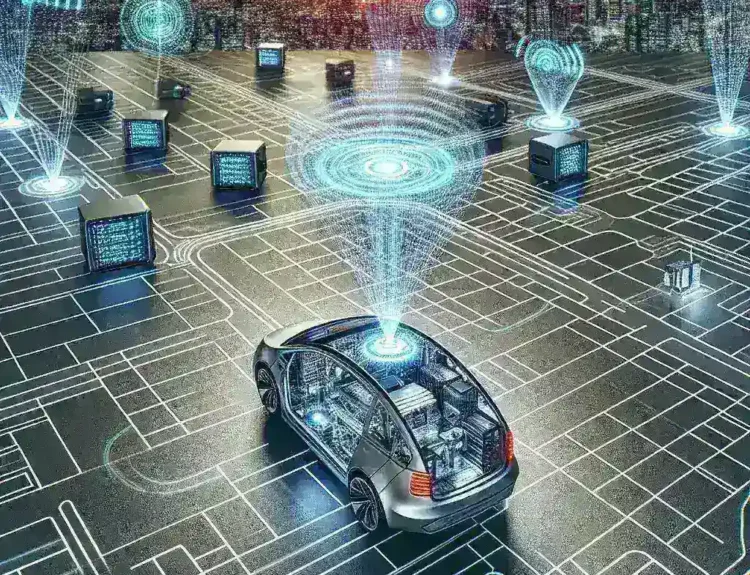 "Edge computing technology enhancing autonomous vehicle decision-making by significantly reducing latency, illustrated by a sleek autonomous car navigating through a smart city environment."