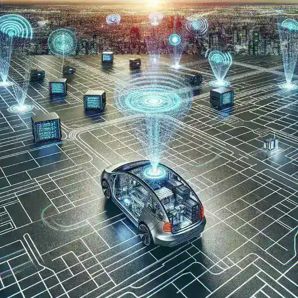 "Edge computing technology enhancing autonomous vehicle decision-making by significantly reducing latency, illustrated by a sleek autonomous car navigating through a smart city environment."