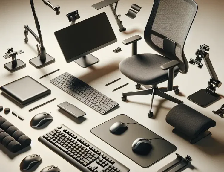 "Ergonomic tech accessories including a keyboard, mouse, and laptop stand designed for comfortable and productive computing in a modern workspace"