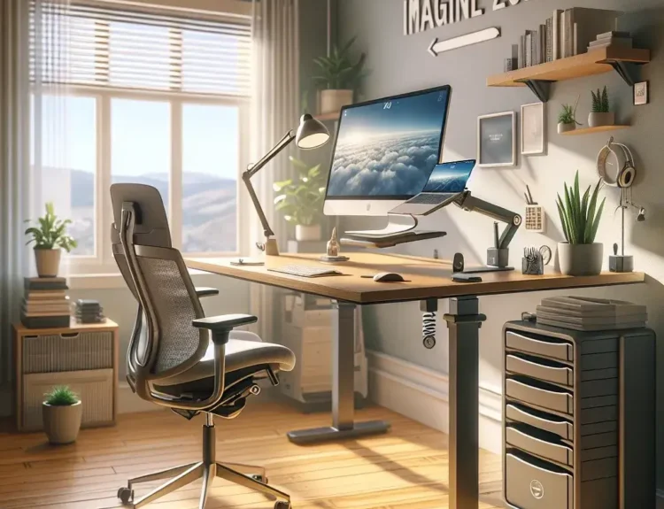 "Stylish home office setup featuring a minimalist desk, ergonomic chair, and lush indoor plants, designed for productivity in 2024."