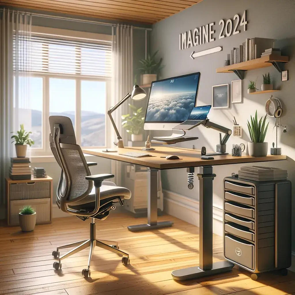 "Stylish home office setup featuring a minimalist desk, ergonomic chair, and lush indoor plants, designed for productivity in 2024."