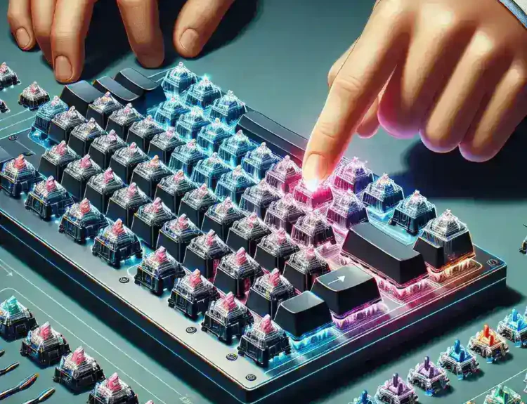 "Close-up view of a mechanical keyboard showcasing colorful RGB backlighting, various switch types, and customizable keycaps, illustrating features discussed in The Ultimate Guide to Choosing the Perfect Mechanical Keyboard."