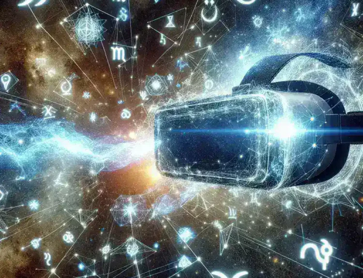 "Virtual reality scene depicting an astrological chart overlaying a mesmerizing cosmic landscape, representing the intersection of astrology and technology in the metaverse."