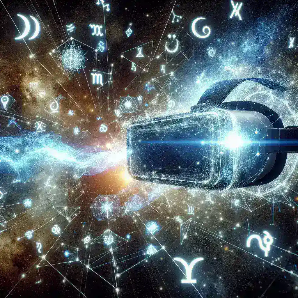 "Virtual reality scene depicting an astrological chart overlaying a mesmerizing cosmic landscape, representing the intersection of astrology and technology in the metaverse."