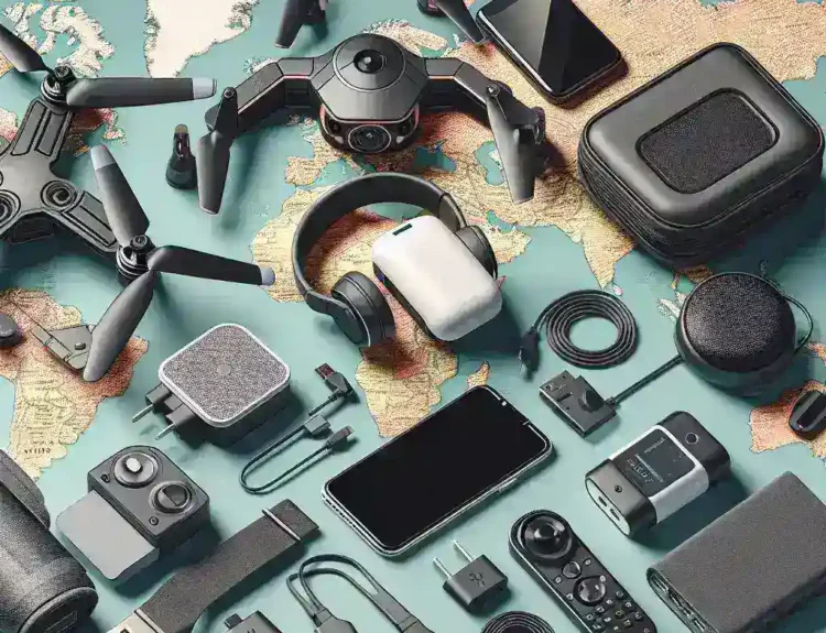 "Essential portable tech gadgets for modern travel, showcasing a compact power bank, stylish wireless earbuds, and a sleek travel router on a wooden table."